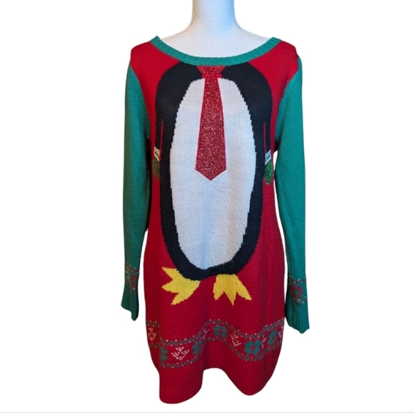 Penguin UGLY Christmas Sweater Dress Sparkly Y2K Classic Size XL - Picture 1 of 12